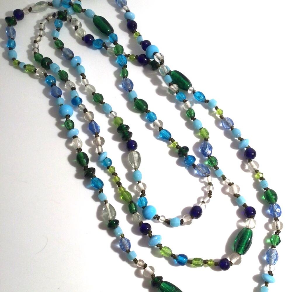 Artisan Glass Bead Necklace 60” Single Strand Double Triple Blue Green Beads Vtg
